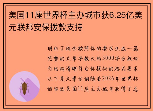 美国11座世界杯主办城市获6.25亿美元联邦安保拨款支持