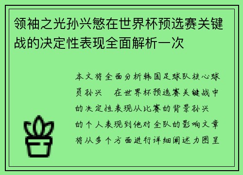 领袖之光孙兴慜在世界杯预选赛关键战的决定性表现全面解析一次